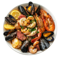Delicious seafood and meat platter served with lemon on a transparent surface, Dish containing both seafood and meat top view isolated on transparent background png