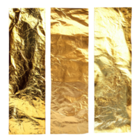 Three isolated gold foil textures on a transparent background ideal for creative projects and design applications, Three gold foil textures are isolated on a transparent background. Golden foil png