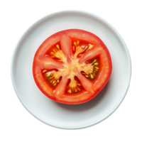 Fresh tomato slice displayed on a clean transparent plate against a plain background for culinary presentation, Tomato vegetable slice in a plate isolated on transparent background png