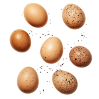 Brown eggs scattered on a transparent background with tiny specks, showcasing their natural textures and colors, brown eggs on transparent background png