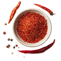 Cayenne pepper spice in a decorative plate surrounded by dried peppers on a clean transparent background, Cayenne pepper in a plate on transparent background png