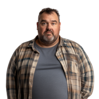 Portrait of an overweight man in a plaid shirt standing against a transparent background with a serious expression, Overweight Man Portrait Isolated on transparent background png