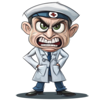 A funny and eccentric cartoon doctor with an angry expression standing proudly on a transparent background, showcasing a unique artistic design, crazy cartoon doctor isolated on transparent background png
