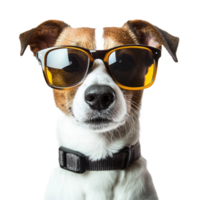 A funny dog with sunglasses poses against a transparent background during a playful moment in a bright setting, Funny dog wearing sunglasses and on transparent background png