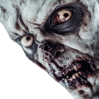 Closeup of a terrifying zombie with horrific features and eerie expression on a transparent background, CloseUp of a Scary Zombie Horror Concept on transparent background png
