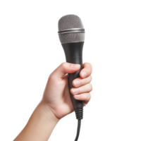 A hand firmly grips a microphone, ready for performance or public speaking against a plain transparent background, Hand Holding Microphone Isolated on transparent background High Resolution png