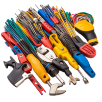 Essential electrician tools arranged for easy access and efficient use in a workshop or job site, Group of electrician tools isolated png