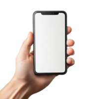 A hand holding a blank mobile phone mockup against a light background in a modern setting, Hand holding mobile phone screen mockup, iphone mock up isolated on transparent background png