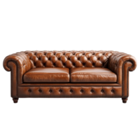 Elegant leather sofa with tufted design and classic styling on a clean transparent background, leather sofa on transparent background png