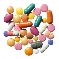 A collection of assorted pills in various shapes and colors scattered on a transparent background, pills isolated png