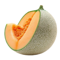 Fresh cantaloupe melon half on a clean transparent background displaying its vibrant orange flesh and textured rind, cantaloupe melon isolated on transparent background png
