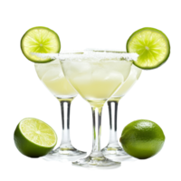 Refreshing margaritas with lime slices served on a transparent background for a vibrant cocktail experience, margaritas with lime slice isolated on transparent background png