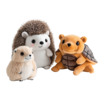 Charming plush animal toys featuring a hedgehog, turtle, and marmot on a light background ready for playtime, Charming Plush Animal Toys Hedgehog, Turtle, marmot on transparent background png