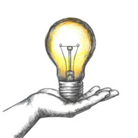 Hand drawn glowing light bulb held gently in an open hand, symbolizing bright ideas and innovation, glowing light bulb in hand drawn style isolated on transparent background png