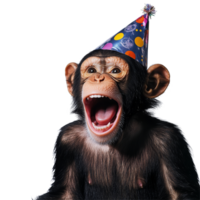 Excited monkey wearing colorful party hat celebrates with joyful expression against a plain transparent background, Excited Monkey with Party Hat on transparent background png
