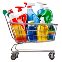 Shopping cart filled with various brightly colored cleaning products in a grocery store setting, file no background Shopping cart filled with detergents png