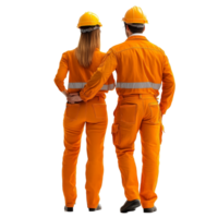 Couple in bright construction attire standing together with helmets, showcasing teamwork in a construction setting, Couple in Construction Attire Back View Isolated on transparent background png
