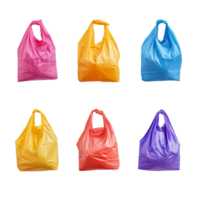 Colorful plastic shopping bags collection arranged neatly on a transparent background showcasing various hues and textures, plastic shopping bag on transparent background png