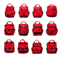 A collection of red backpacks arranged on a transparent background showcasing various styles and sizes for different needs, Red Backpacks on transparent background png