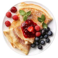 Delicious crepes topped with sweet jam and fresh red fruits served on a plate for a delightful breakfast treat, Crepes with Jam, Sugared, and Red Fruit Toppings on transparent background png