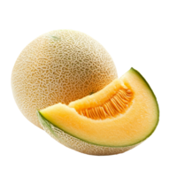 Fresh yellow cantaloupe melon with a slice displayed on a clean transparent background, yellow cantaloupe melon on transparent background png