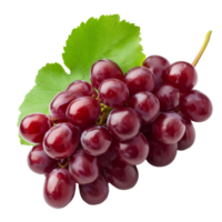 Fresh red grape bunch with vibrant green leaves set against a clean transparent background for a natural look, red grape isolated on transparent background png