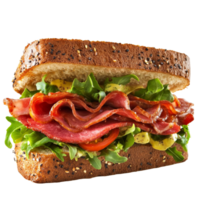 Delicious pastrami sandwich piled high with fresh salad on whole grain bread, perfect for lunch, appetizing pastrami sandwich with salad png