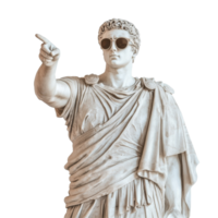 Greek statue wearing sunglasses pointing against a transparent background signaling an amusing modern twist, Greek Statue with Sunglasses Pointing on transparent background png