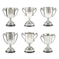 Elegant silver trophy cups displayed on a transparent background for recognition and achievement events, Silver Trophy Cups Set on transparent background png