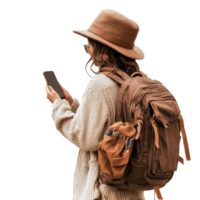 Traveling woman with backpack and smartphone exploring new destinations in nature, file no background Traveling woman connecting with her smartphone png