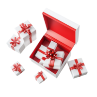 A bright red gift box opens to reveal smaller transparent boxes decorated with red ribbons, perfect for any celebration, Red opened gift box with group of transparent gift boxes isolated on png