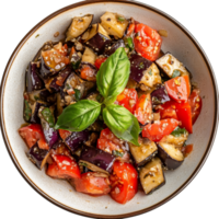 Fresh eggplant salad with tomatoes and basil served in a bowl for a wholesome meal, plate of eggplant salad with tomato png