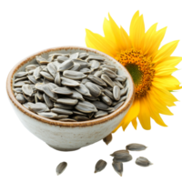 Fresh sunflower seeds in a bowl beside a vibrant sunflower on a transparent background, Sunflower seeds in a bowl on a flower on a transparent background png