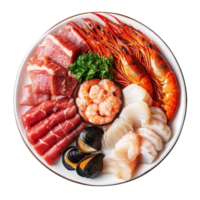 A colorful platter of assorted seafood and meat on a transparent background ready for a delicious meal experience, Dish containing both seafood and meat top view isolated on transparent background png