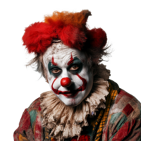A dramatic portrayal of a clown in a colorful costume with vivid makeup on a bright transparent background, projecting a sense of emotion, clown isolated on transparent background png