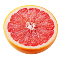 Half of a ripe pink grapefruit resting on a clean transparent surface, showcasing its juicy flesh and vibrant color, Ripe half of pink grapefruit citrus fruit on transparent background png