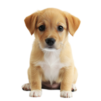 Adorable puppy with soft golden fur sitting on a transparent background, looking curiously at the camera in a bright and cheerful setting, Cute puppy on transparent background png