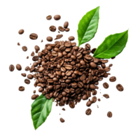 Rich coffee grains and fresh leaves scattered on a transparent surface create a vibrant contrast and showcase the essence of instant coffee, coffee grains. instant coffee and leaves on transparent png