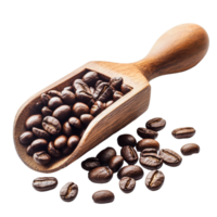 Fresh coffee beans in a wooden scoop arranged on a transparent background with additional beans scattered around, Coffee beans on wooden scoop isolated on transparent background png