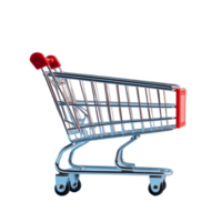 Side view of an empty shopping cart against a simple blue background for retail and consumer themes, side view of empty shopping cart png