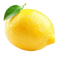 Fresh ripe lemon with green leaf isolated on a clean transparent background for culinary and decorative purposes, ripe lemon isolated on transparent background png