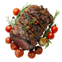 Deliciously roasted beef with fresh herbs and vegetables on a clean transparent background, Roasted beef top view isolated on transparent background png