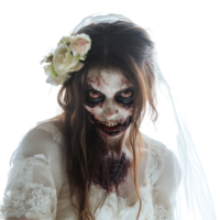A terrifying zombie bride hauntingly isolated against a transparent background in a spooky setting, Scary zombie bride isolated on transparent background png