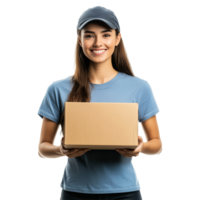 Smiling delivery woman holds a box wearing a hat in bright, minimalistic setting, Smiling Delivery Woman Holding a Box on transparent background png