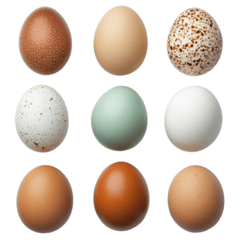 un' collezione di nove assortito uova visualizzazione diverso colori e textures disposte nel un' griglia su un' trasparente superficie, uova isolato png