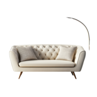 Cozy living room with a tufted sofa, soft pillows, stylish rug, and an elegant lamp on a transparent backdrop, sofa with pillow rug and floor lamp isolated on transparent background png