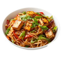 Stir fried rice noodles with tofu and vegetables presented in a bowl for a vibrant meal, Stir Fried Rice Noodle with tofu on transparent background png