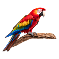 Vibrant Red and Green Parrot Perched on Branch Against png
