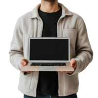 Man holding a laptop in front of a plain transparent background during a casual indoor setting, Man holding the laptop on transparent backgroundfile png