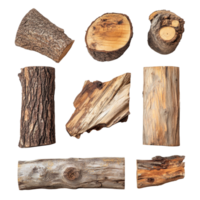 Various types of old wooden logs arranged on a transparent background showcasing natural textures and colors, Different types of old wood logs transparent background. Wooden log isolated on png